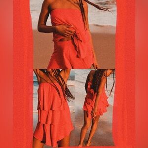 Free people red orange strapless layered + relaxed boho short sunsational set